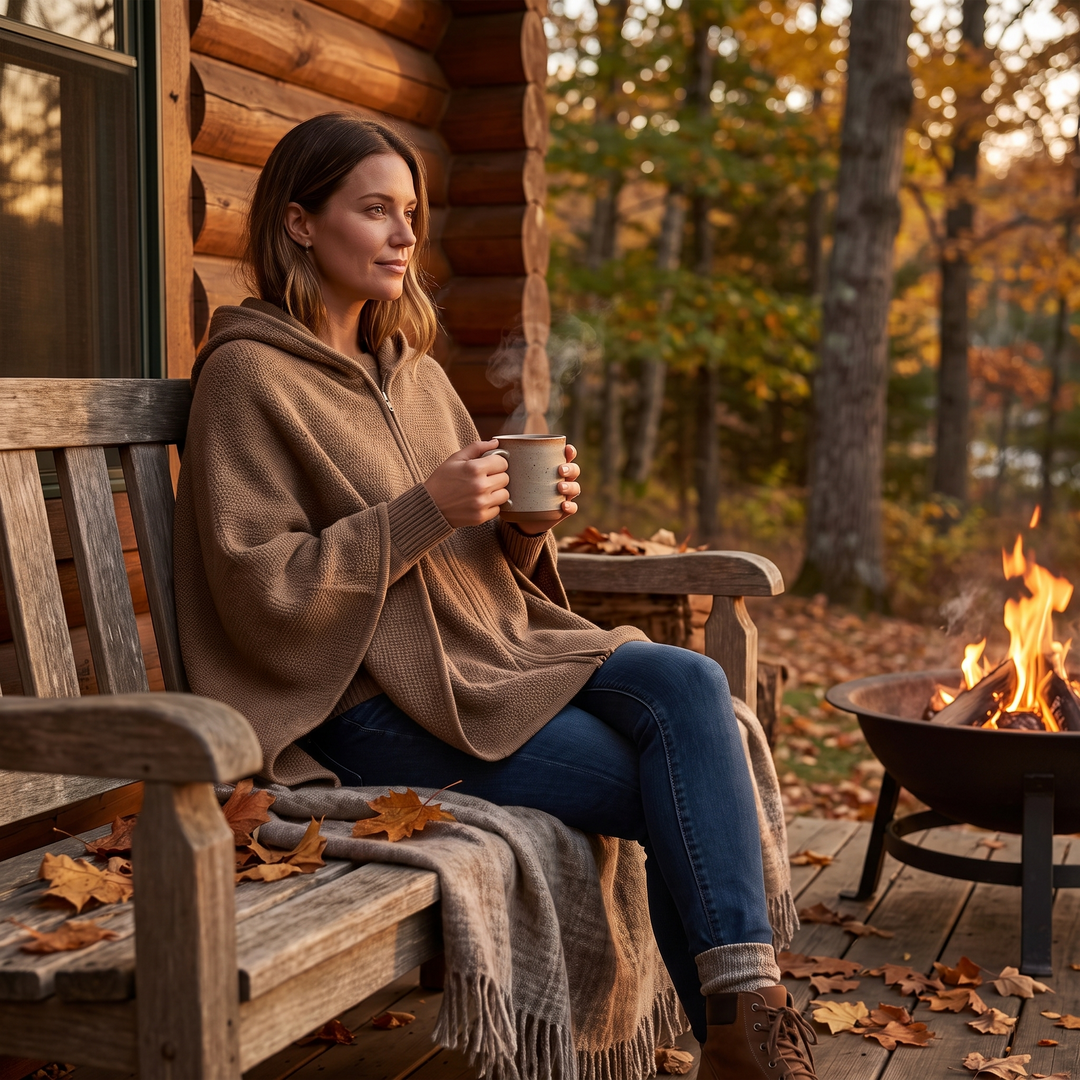 Heated wrap with hood and zip, warm in 15 seconds