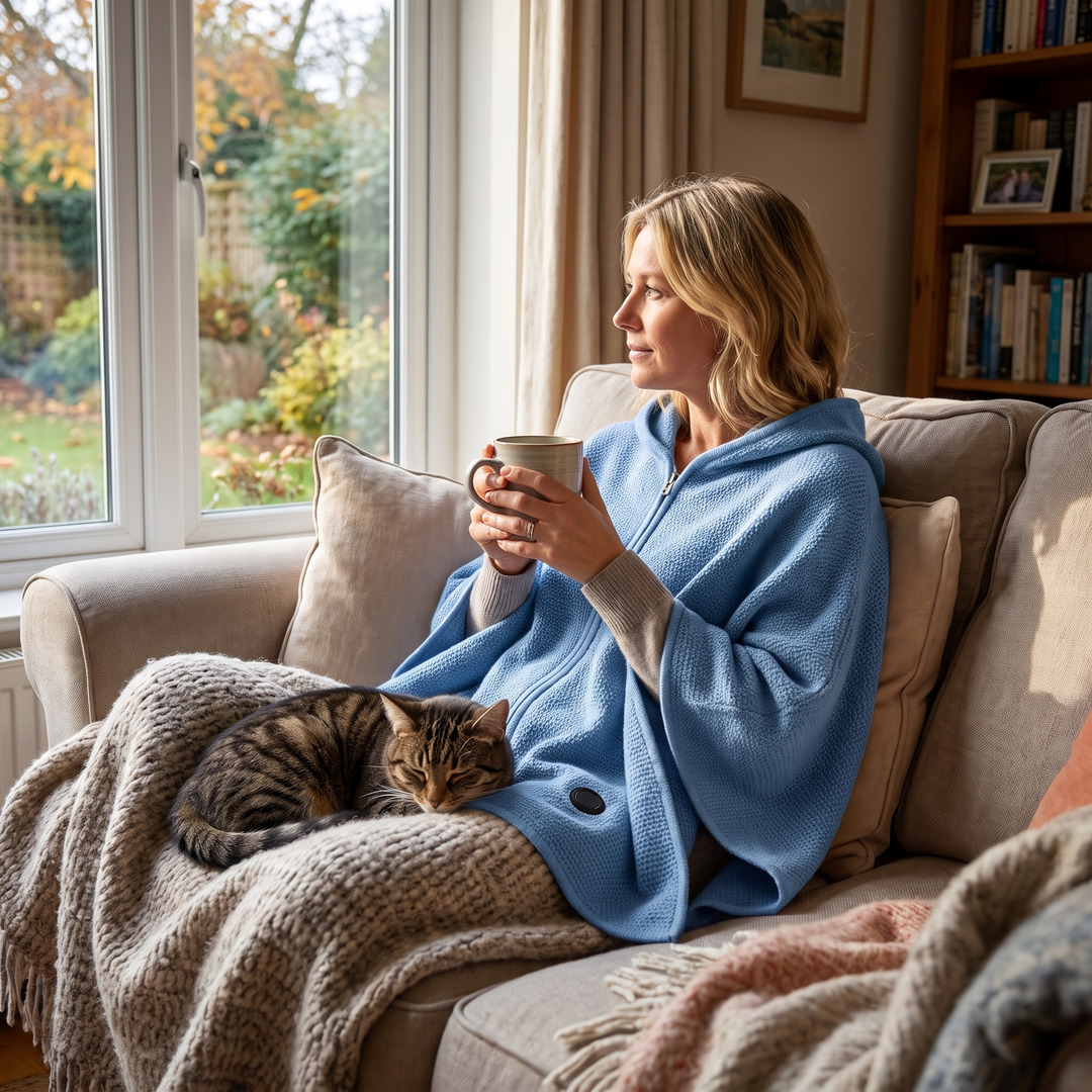 Heated wrap with hood and zip, warm in 15 seconds