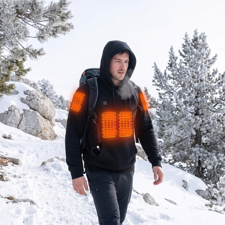Heated hoodie with warmth on the chest and back