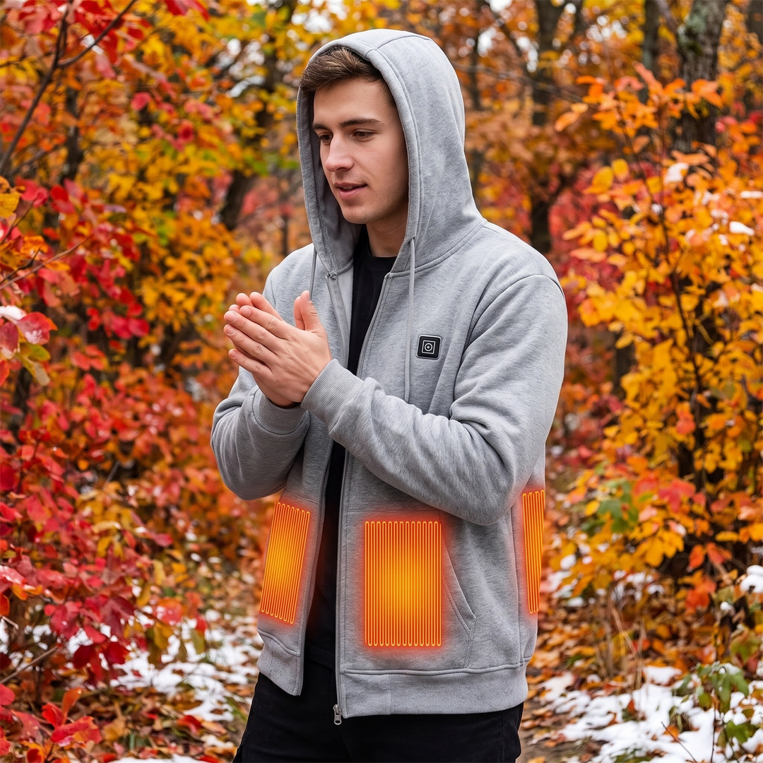 Heated hoodie with warmth on the chest and back