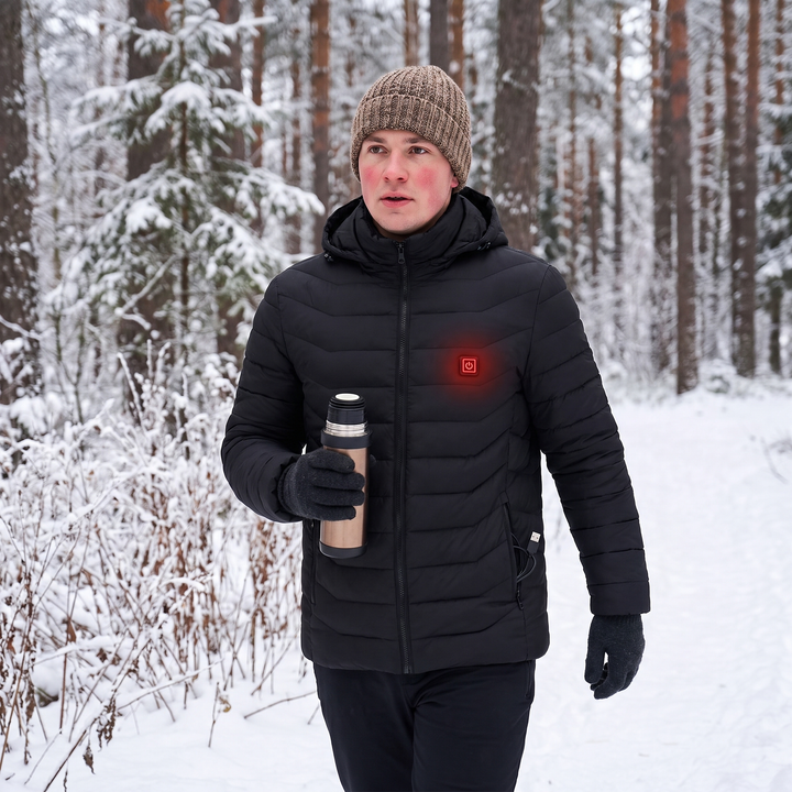 Heated unisex jacket with 9 heating zones and detachable hood