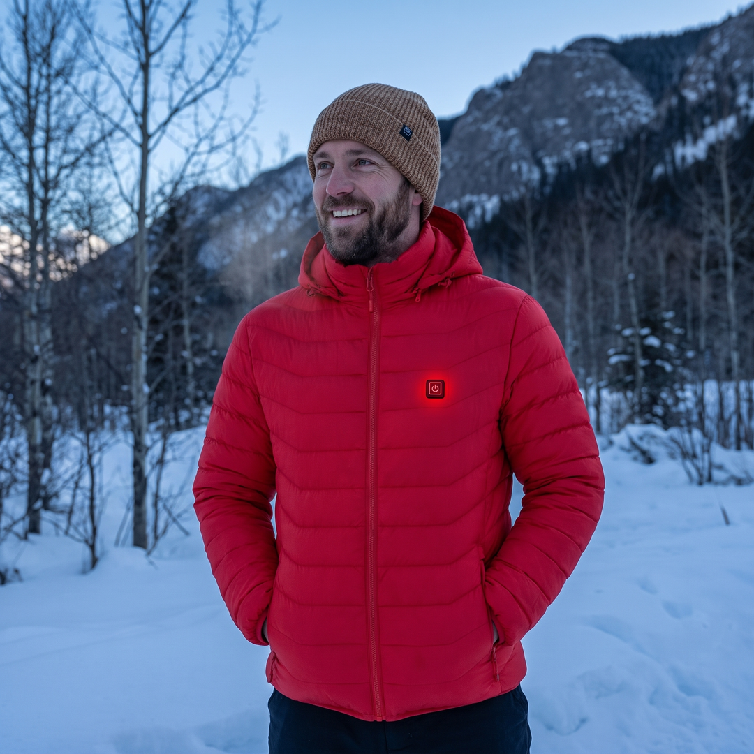 Heated unisex jacket with 9 heating zones and detachable hood