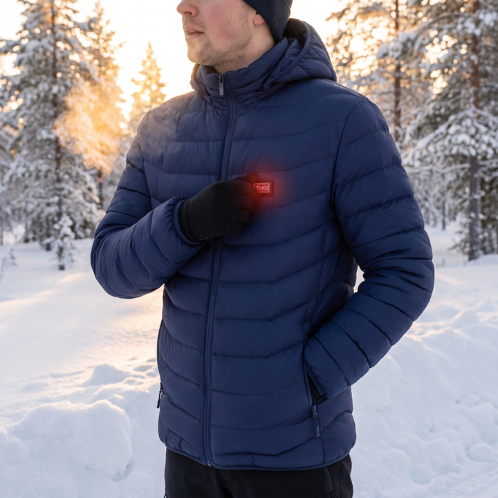 Heated unisex jacket with 9 heating zones and detachable hood
