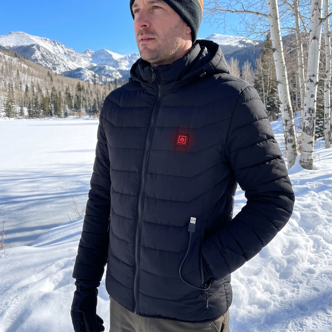 Heated unisex jacket with 9 heating zones and detachable hood