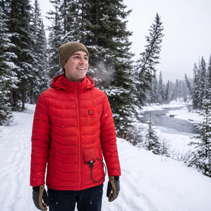 Heated unisex jacket with 9 heating zones and detachable hood