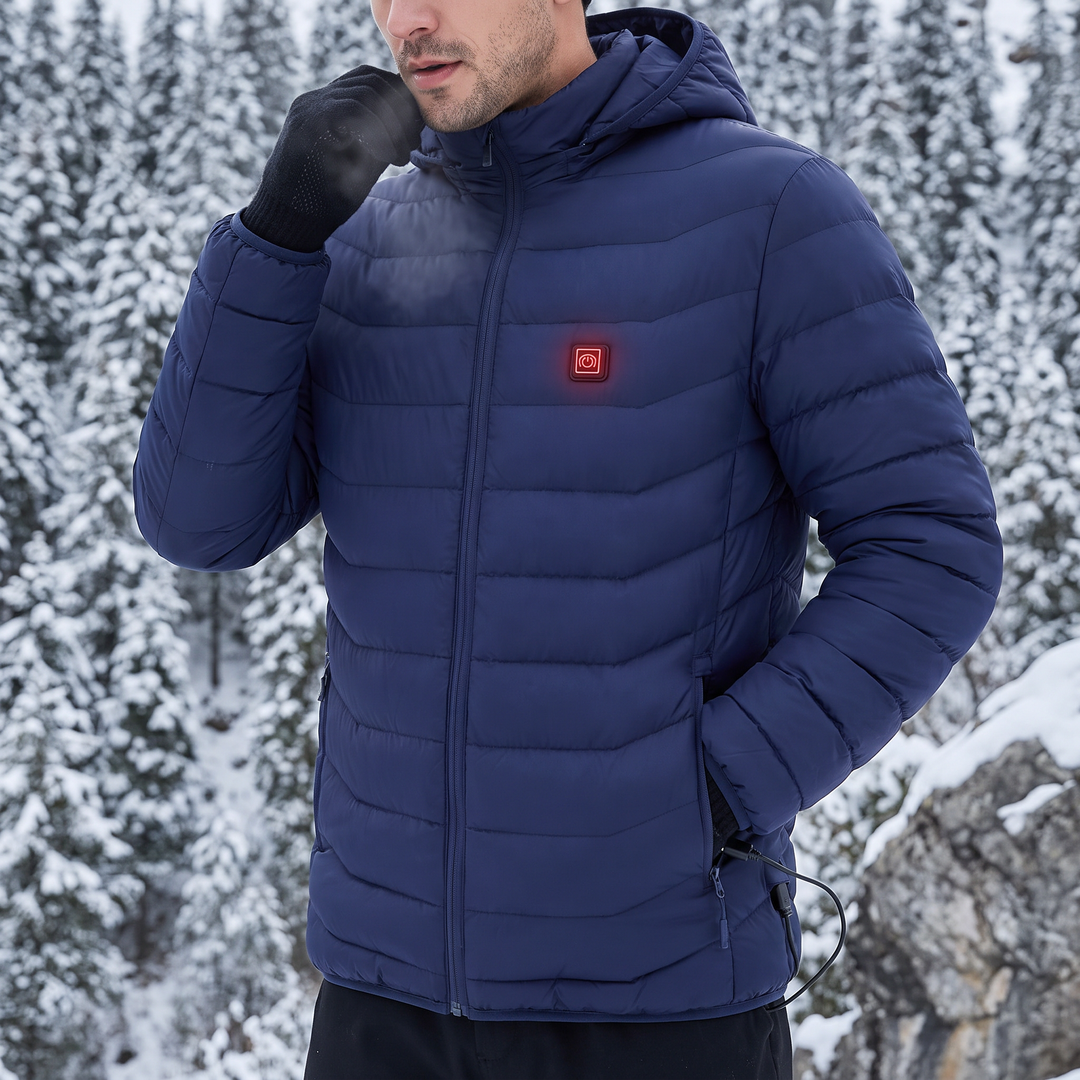 Heated unisex jacket with 9 heating zones and detachable hood