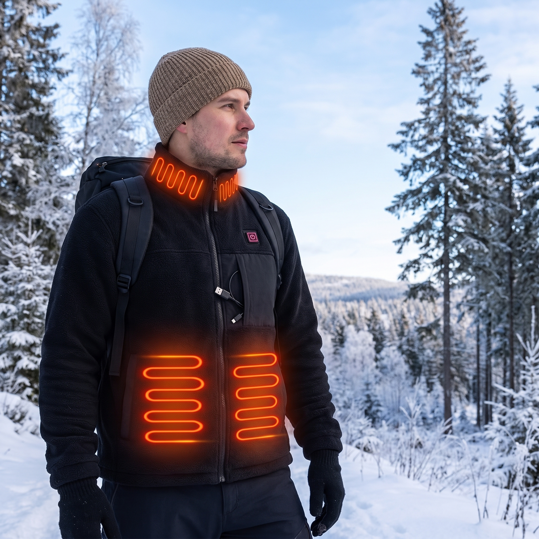 Heated fleece jacket with 4 heating zones and USB