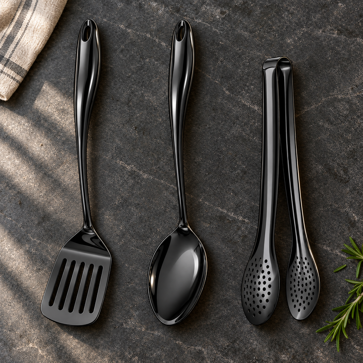 Stainless steel kitchen utensil set with curved handles, 3 to 11 pieces