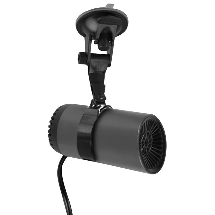 Compact 12V car heater and defroster with suction cups