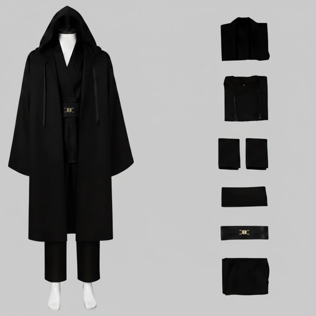 Halloween Space Knight Costume Cosplay Outfit with Hooded Robe Tunic Sash and Belt for Party