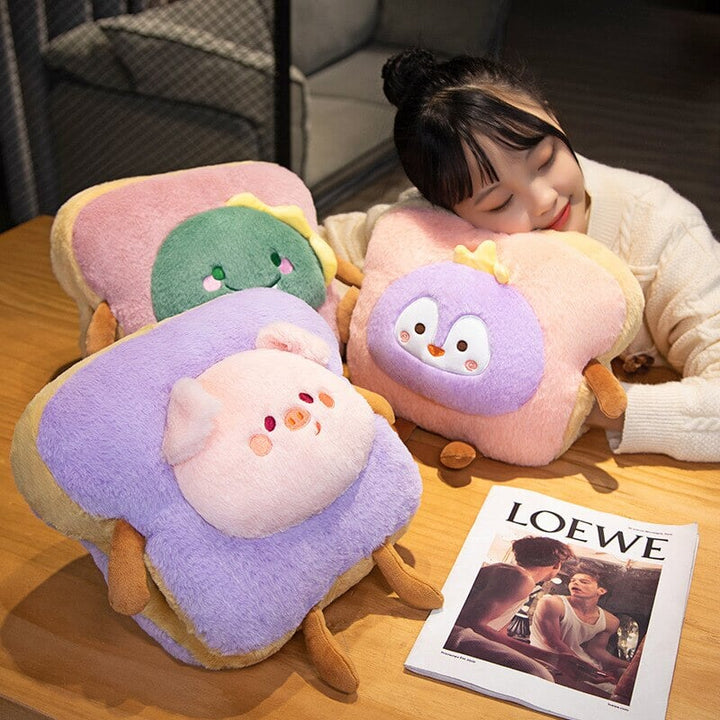 Soft plush hand warmer as toast with a cute animal