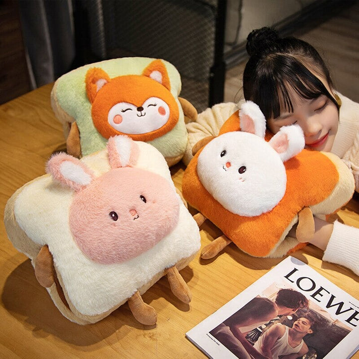 Soft plush hand warmer as toast with a cute animal