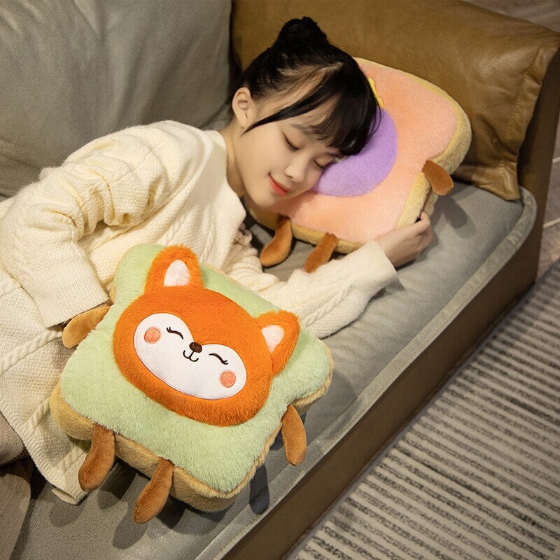 Soft plush hand warmer as toast with a cute animal