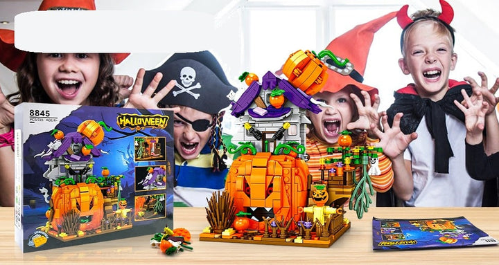 Kids' Halloween Building Blocks Magnetic Tiles Toy Set with Pumpkin House and Spooky Figures