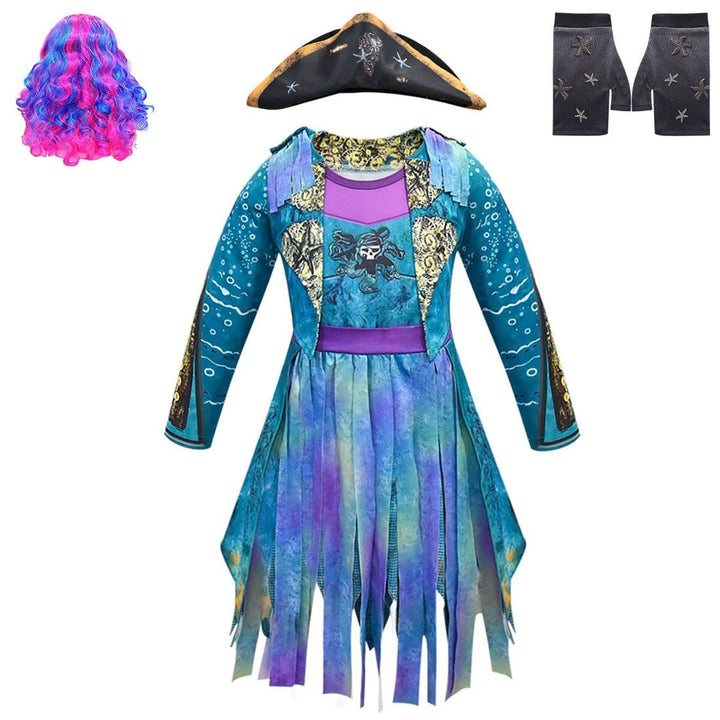 Kids' Halloween Pirate Costume Dress Outfit with Skull Graphic and Tattered Hem