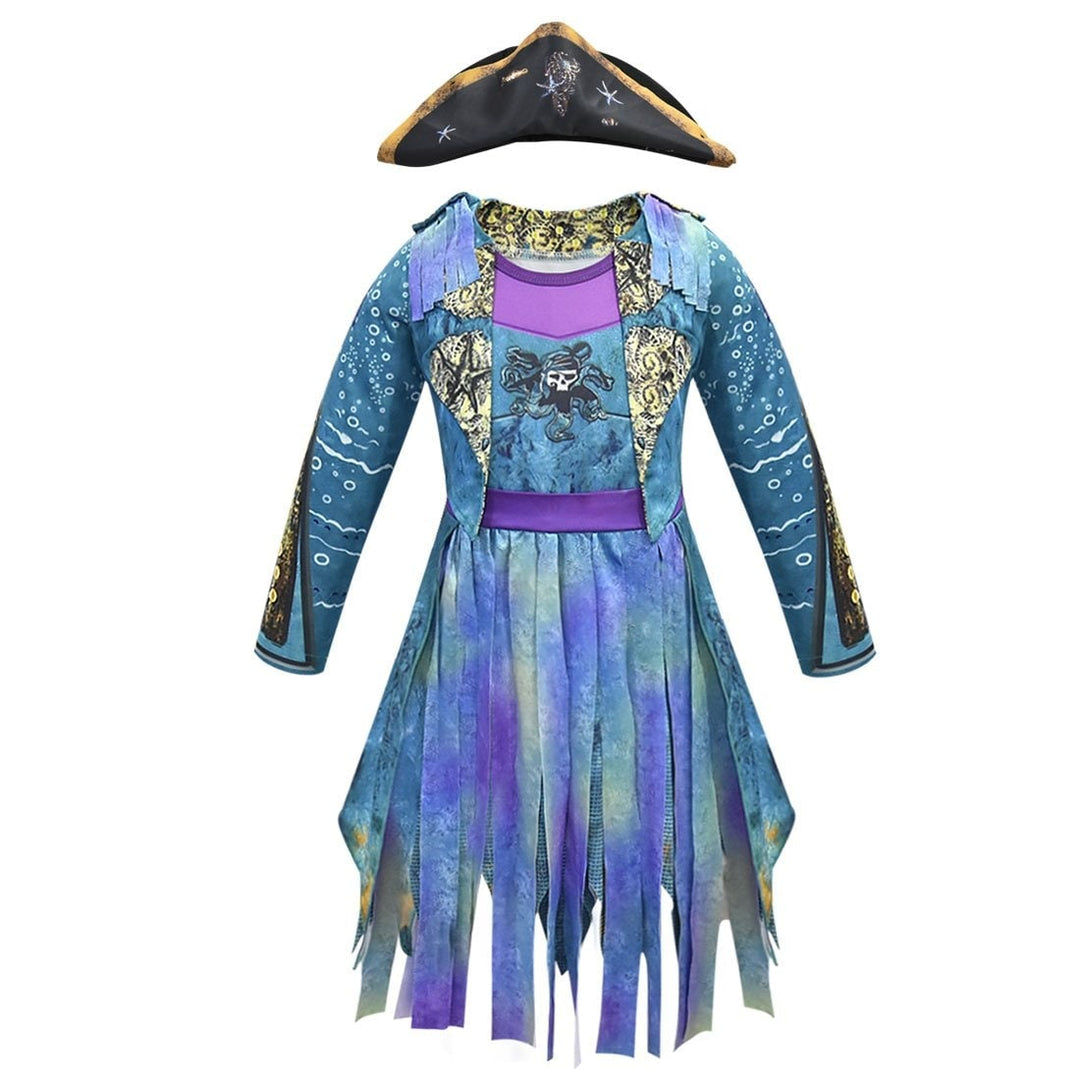 Kids' Halloween Pirate Costume Dress Outfit with Skull Graphic and Tattered Hem