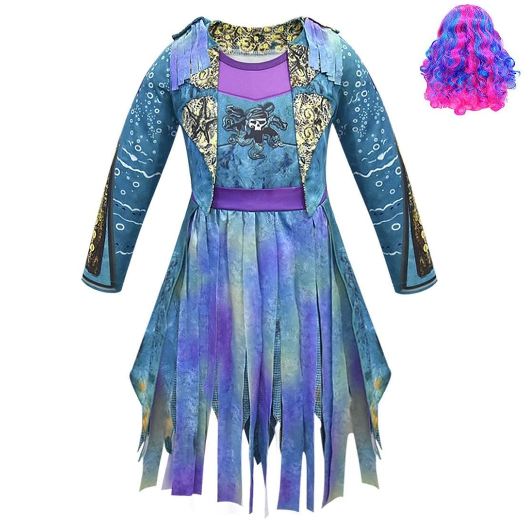 Kids' Halloween Pirate Costume Dress Outfit with Skull Graphic and Tattered Hem