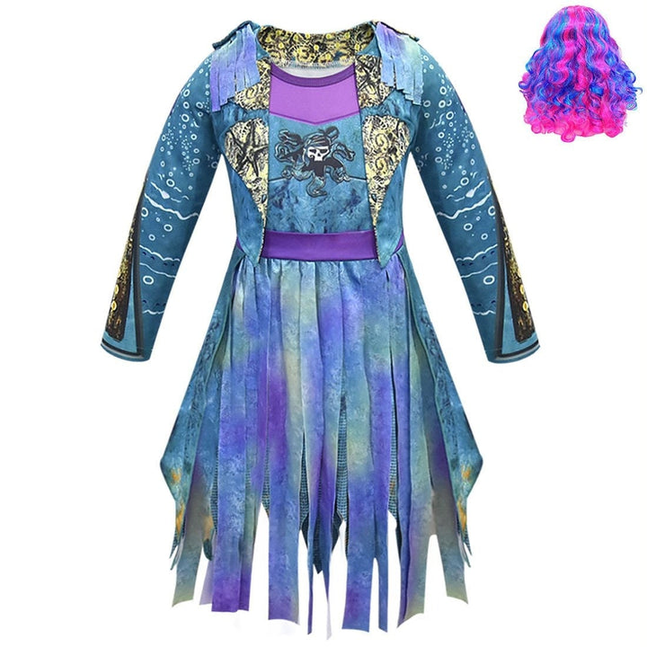 Kids' Halloween Pirate Costume Dress Outfit with Skull Graphic and Tattered Hem