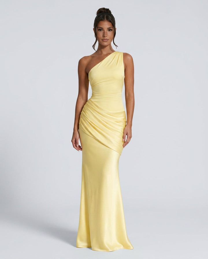 One-shoulder draped satin maxi dress