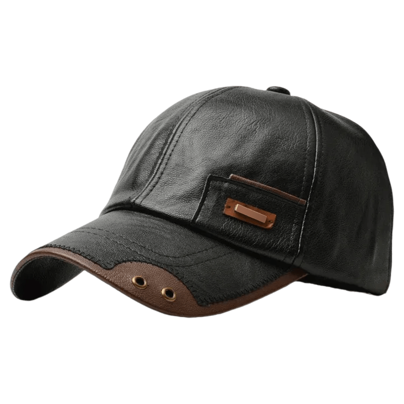 Men's Faux Leather Baseball Cap with Curved Brim and Six-Panel Stitching