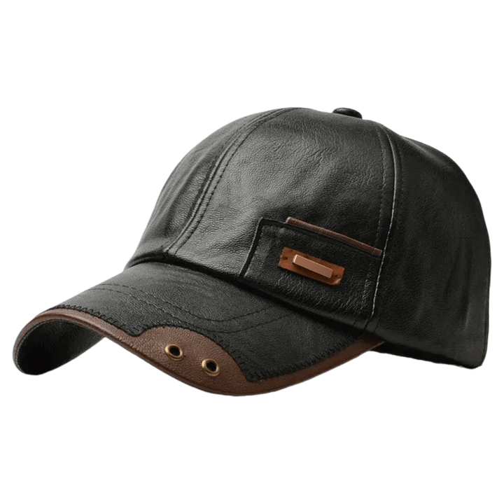 Men's Faux Leather Baseball Cap with Curved Brim and Six-Panel Stitching