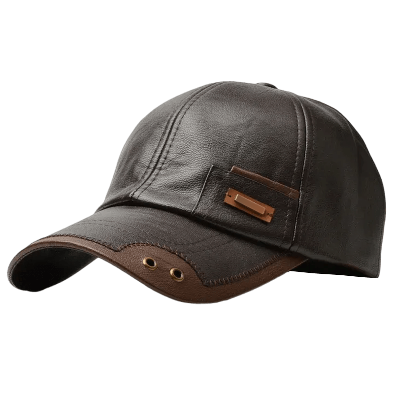 Men's Faux Leather Baseball Cap with Curved Brim and Six-Panel Stitching