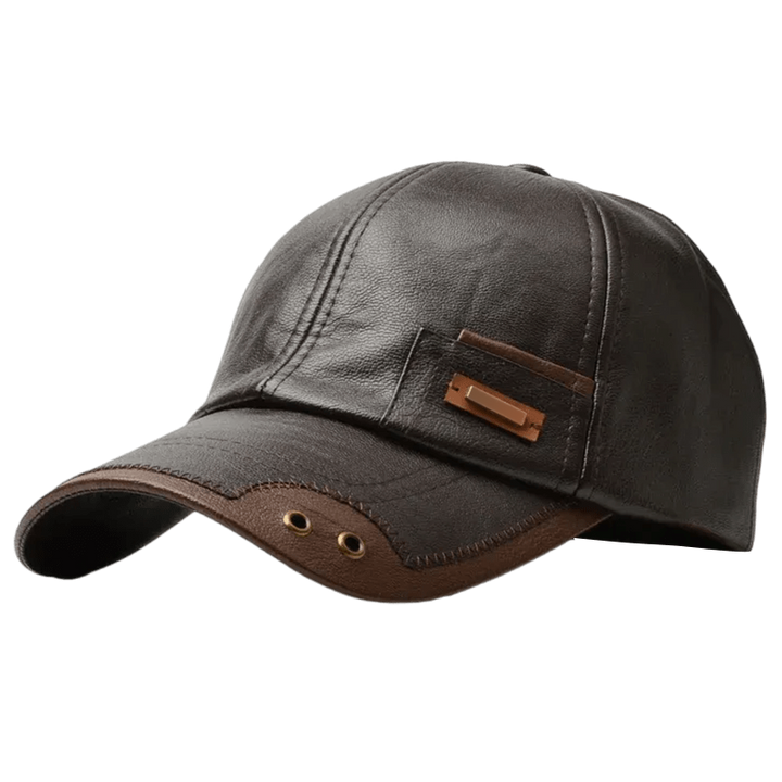 Men's Faux Leather Baseball Cap with Curved Brim and Six-Panel Stitching