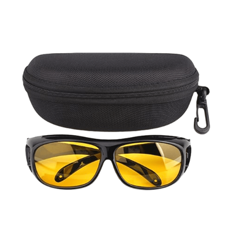 Night Driving Glasses Anti-Glare Yellow Lens Wrap-Around Travel Case