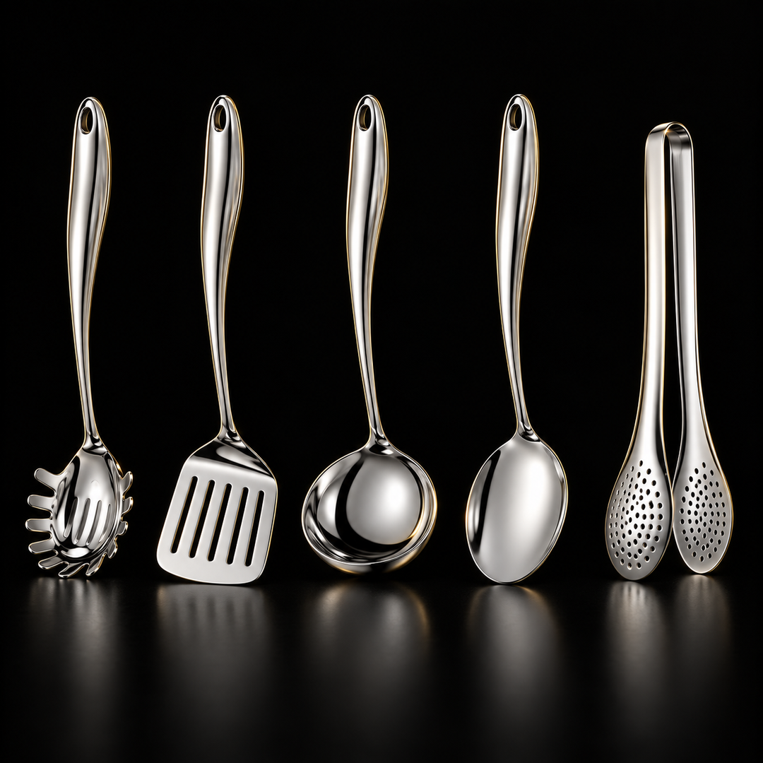 Stainless steel kitchen utensil set with curved handles, 3 to 11 pieces