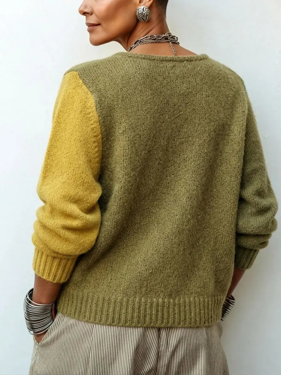 Women's Colour-Block Knitted Jumper with Asymmetric Buttons, Relaxed Fit