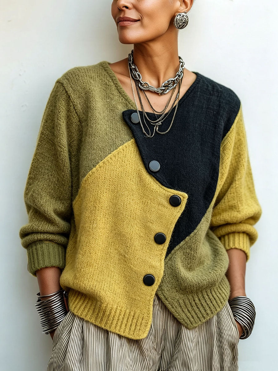 Women's Colour-Block Knit Jumper with Asymmetric Buttons, Relaxed Fit