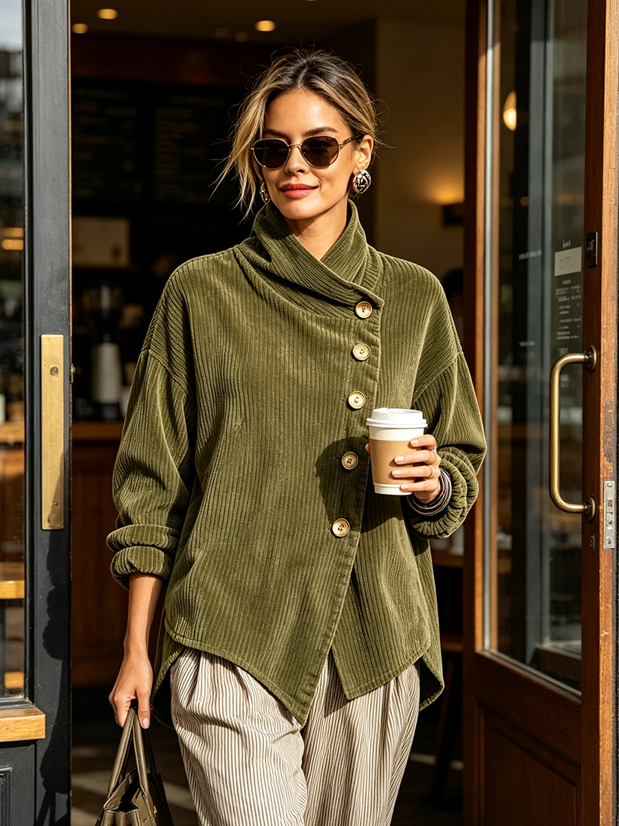 Women's Corduroy Sweatshirt with Asymmetric Button Placket and Draped Shawl Collar