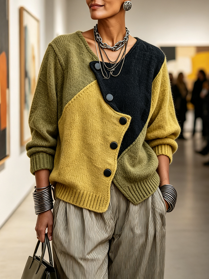 Women's Colour-Block Knit Jumper with Asymmetric Buttons, Relaxed Fit