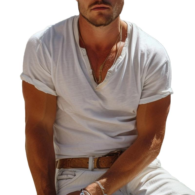 Casual Henley Collar Short-Sleeved Henley T-Shirt – Nico