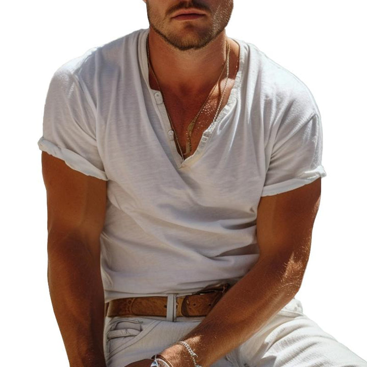Casual Henley Collar Short-Sleeved Henley T-Shirt – Nico