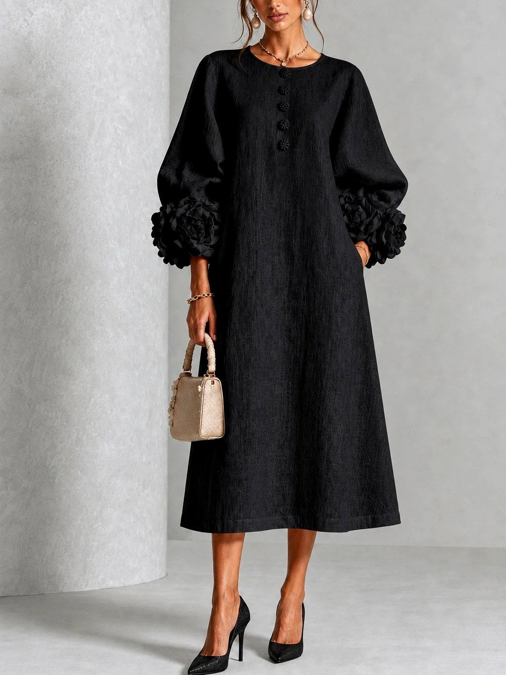 Women's Midi Dress with Floral Cuff Details and A-Line Silhouette