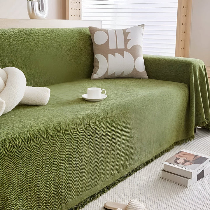 Sofa Throw Blanket Cover with Woven Herringbone and Fringed Tassel Edges