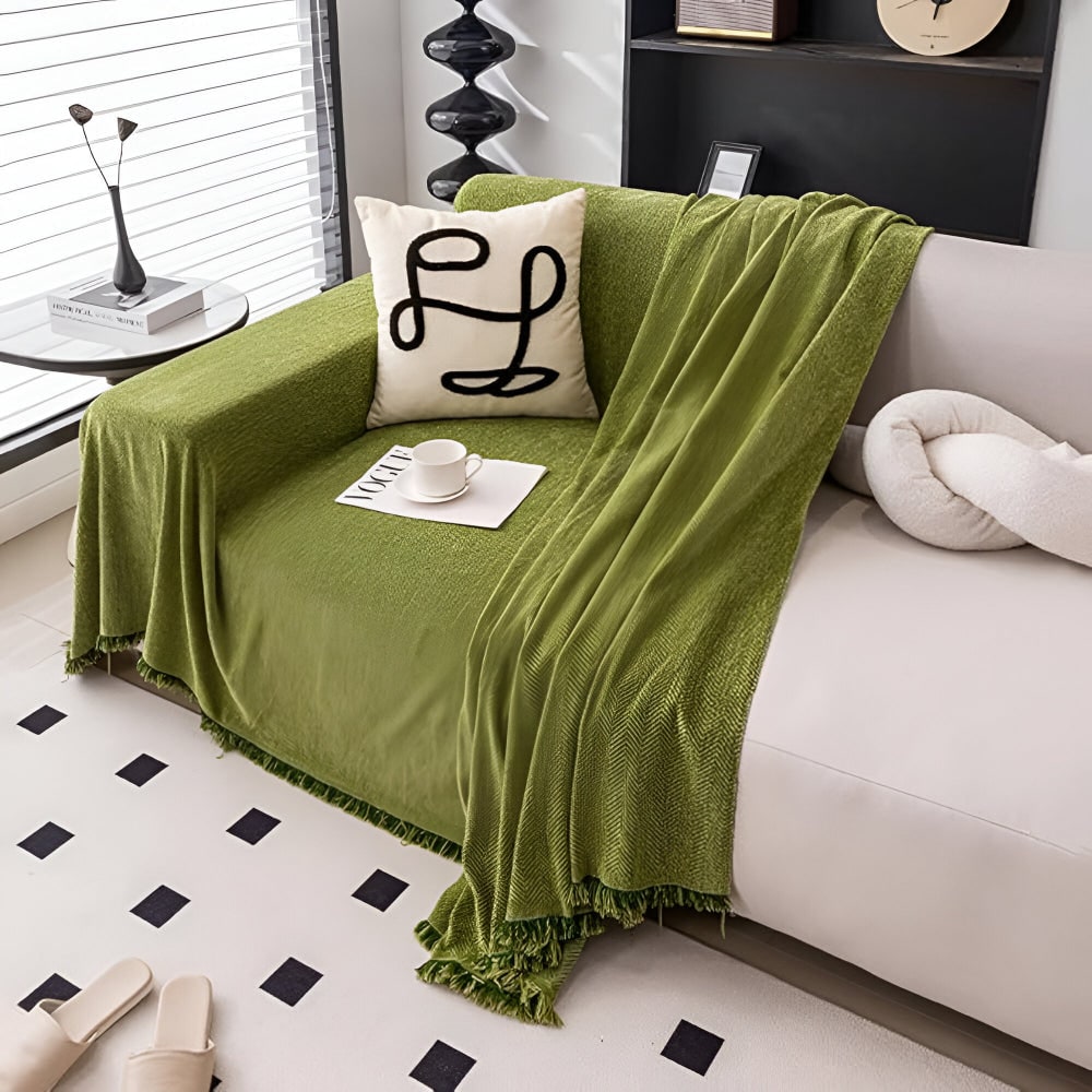 Sofa Throw Blanket Cover with Woven Herringbone and Fringed Tassel Edges