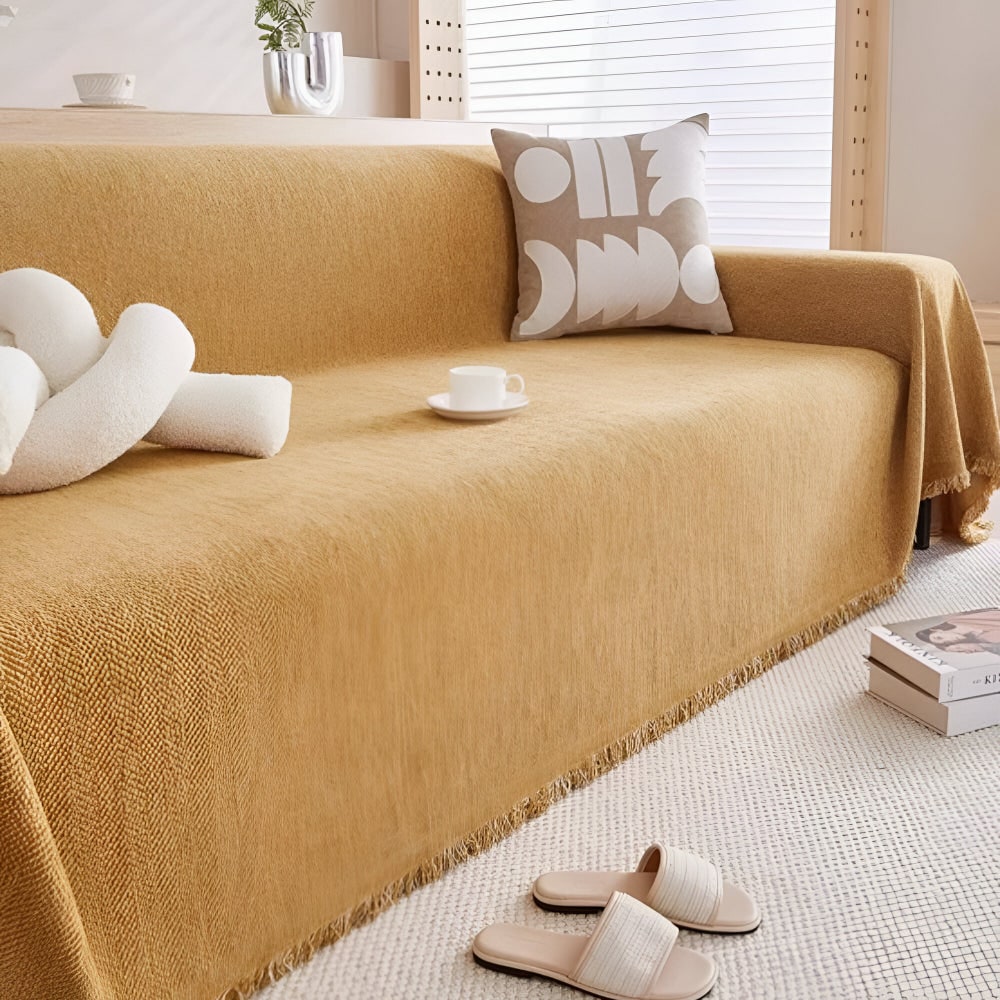 Sofa Throw Blanket Cover with Woven Herringbone and Fringed Tassel Edges