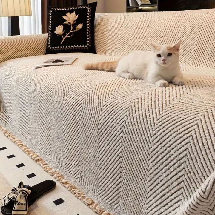 Sofa Throw Blanket Couch Woven Herringbone with Fringed Tassels Decorative