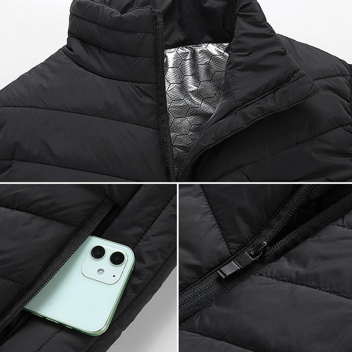 Heated gilet with 13 heat zones and carbon fibre