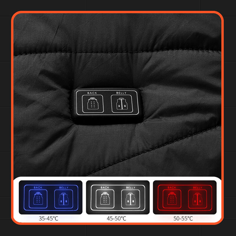 Heated gilet with 13 heat zones and carbon fibre