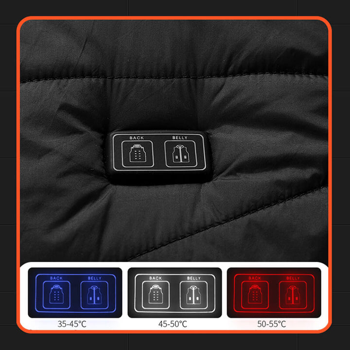 Heated gilet with 13 heat zones and carbon fibre