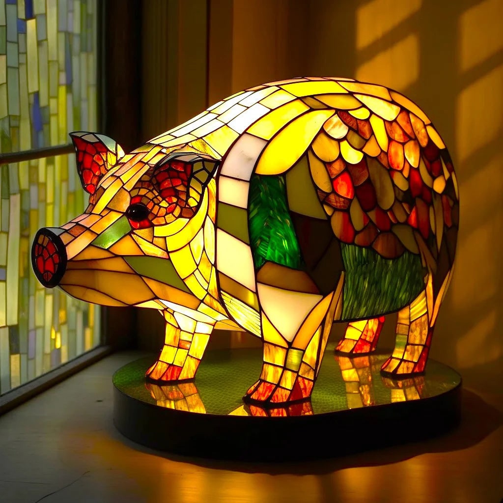 Animal Table Lamp with Stained Glass Mosaic Design and Decorative Light