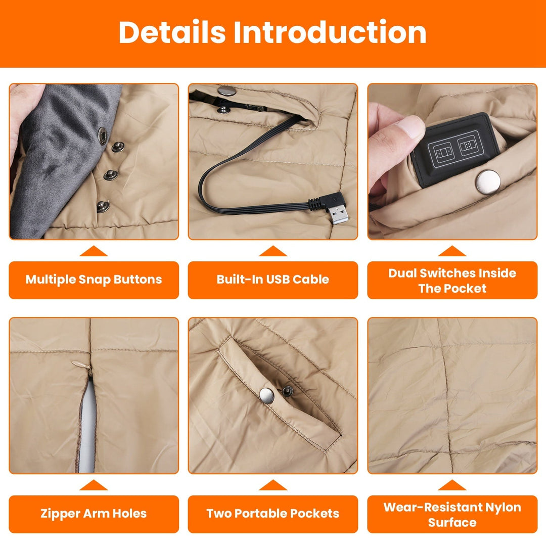 USB Wearable Heated Blanket with Zipper Armholes Dual Controls and 6 Heating Zones