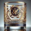 Whiskey Glass Rocks Tumbler Gold Filigree Emblem Veteran Crystal Clear