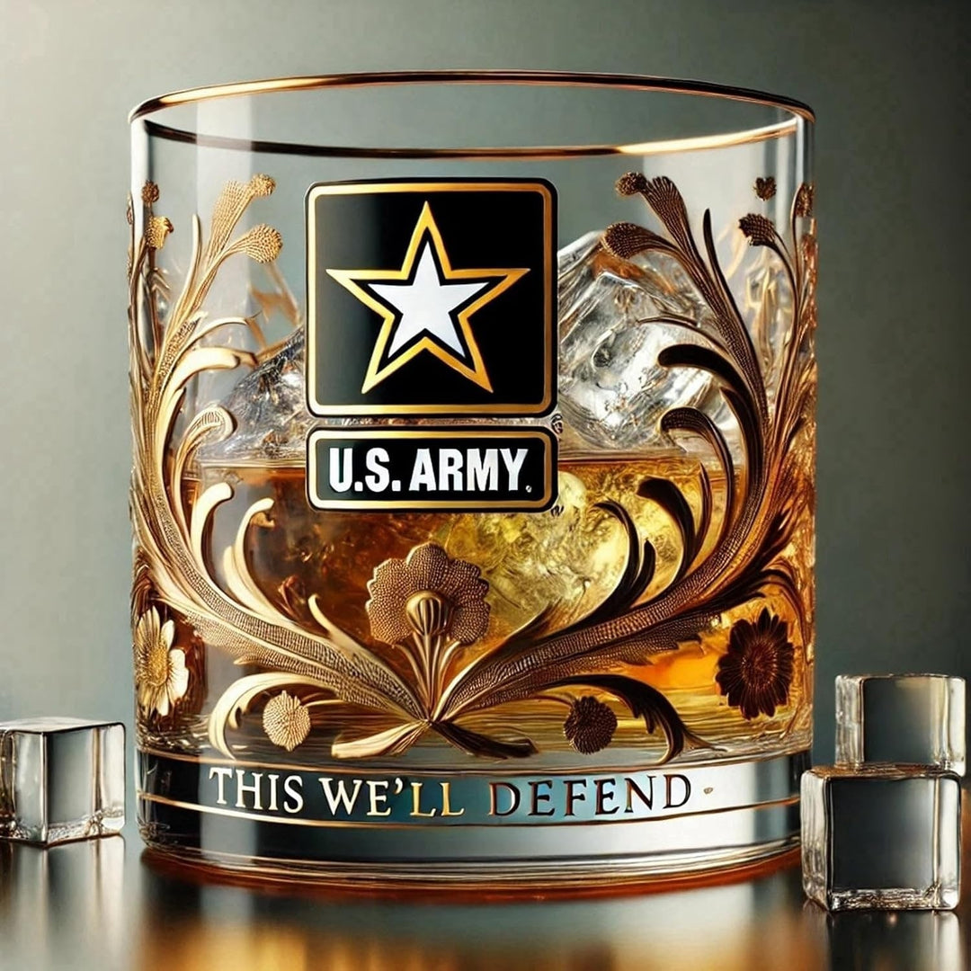 Whiskey Glass Rocks Tumbler Gold Filigree Emblem Veteran Crystal Clear