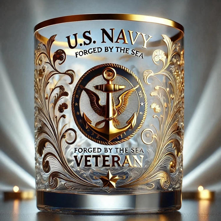 Whiskey Glass Rocks Tumbler Gold Filigree Emblem Veteran Crystal Clear