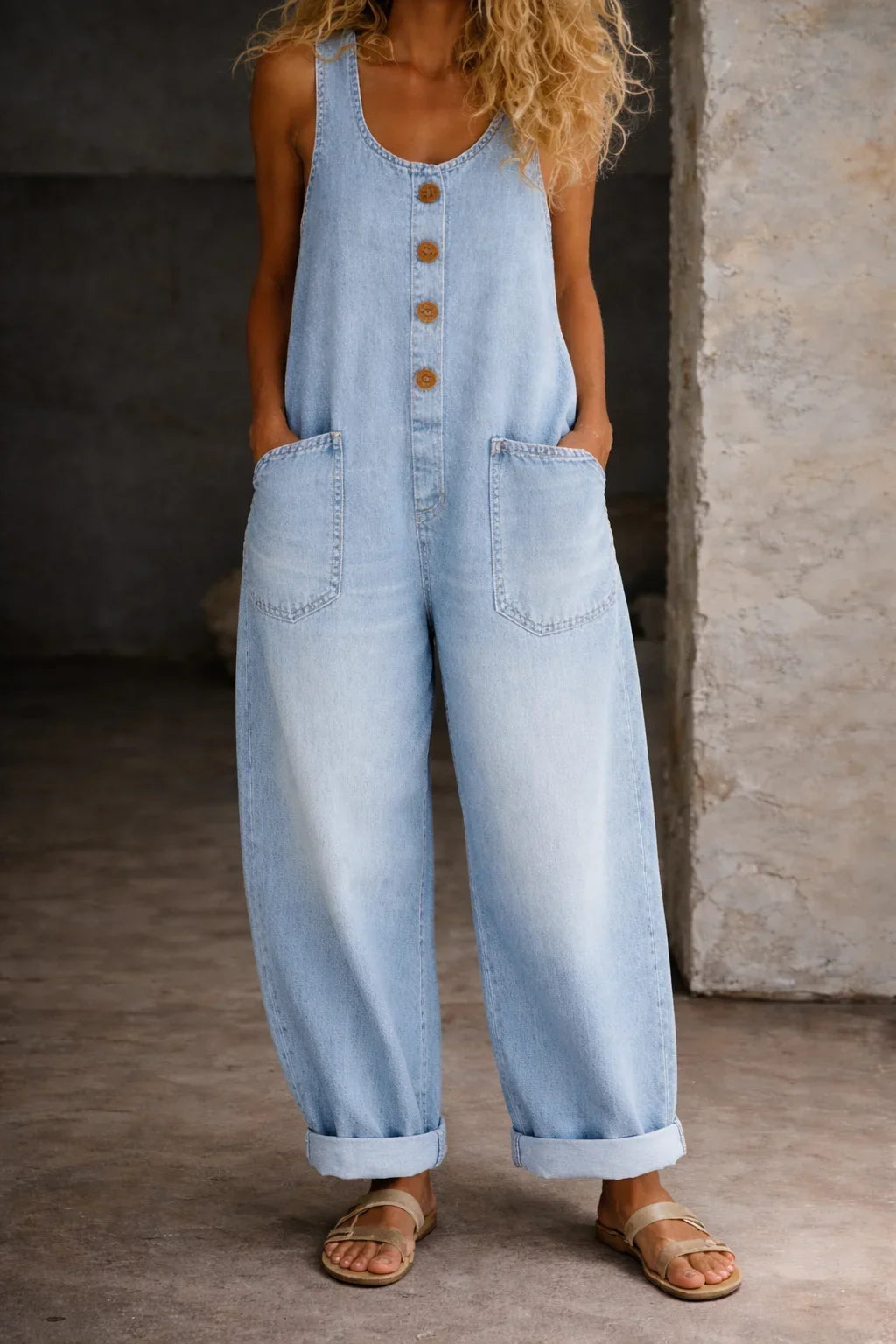 Denim Wide-Leg Dungarees with Button Front