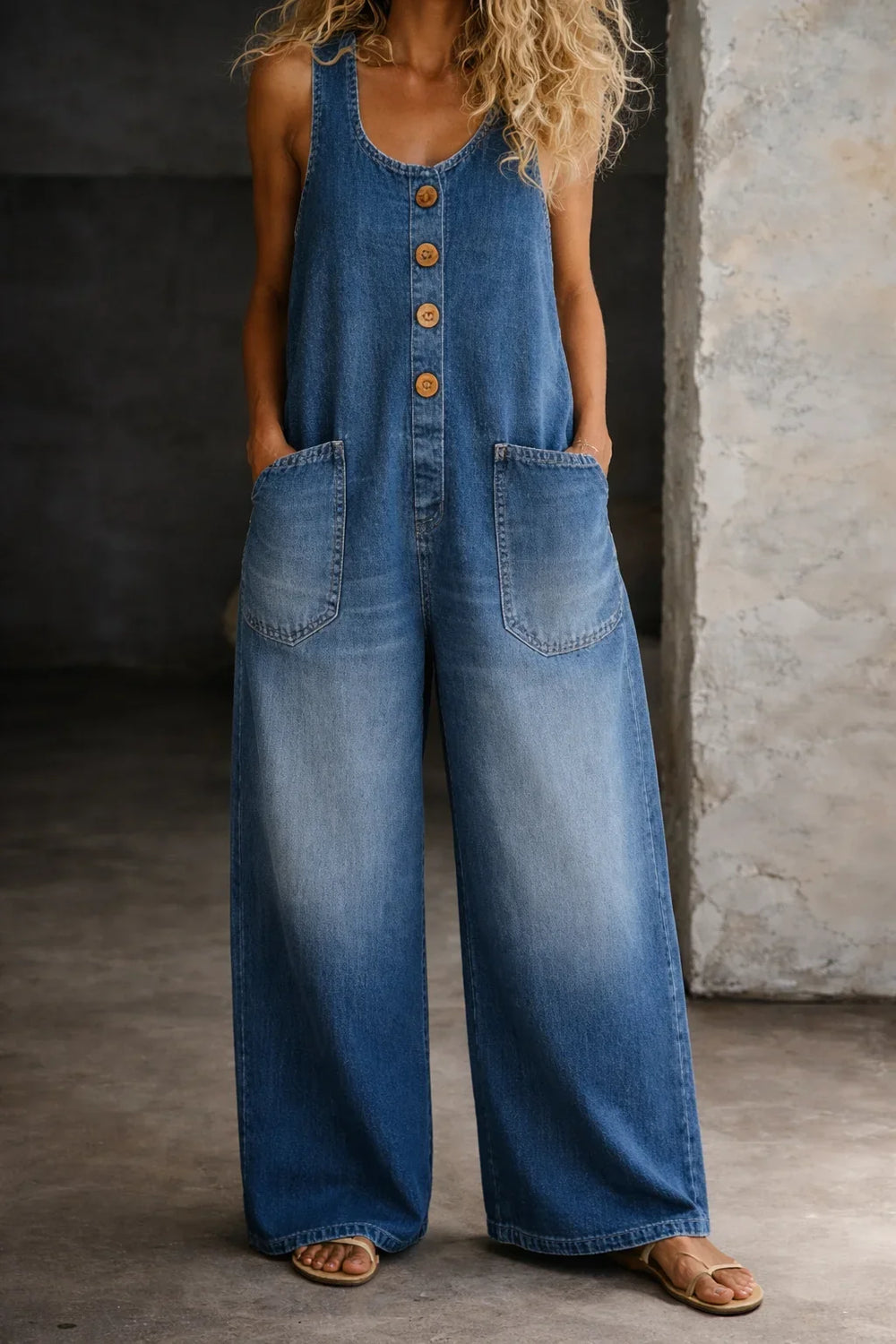 Denim Wide-Leg Dungarees with Button Front